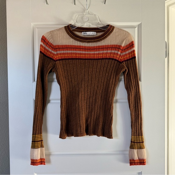 Zara Women’s Brown & Orange & Cream Sparkly Striped Bell Sleeve Knit Sweater - Picture 7 of 13